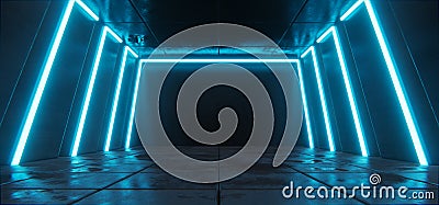 Futuristic concrete tunnel, hallway with neon cyber glowing blue lines Stock Photo