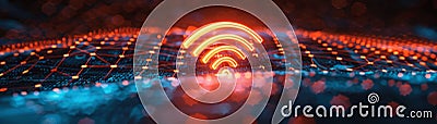 Futuristic Connectivity: Abstract WiFi Symbol and Network Data Nodes in Modern Digital Art Composition. Generative AI Stock Photo