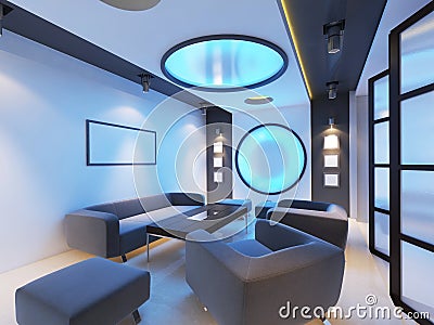 Futuristic Contemporary interior cafe in acid blue colors Stock Photo