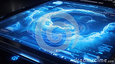 Futuristic control panel showing rotating energy vortex in cloud computing system Stock Photo