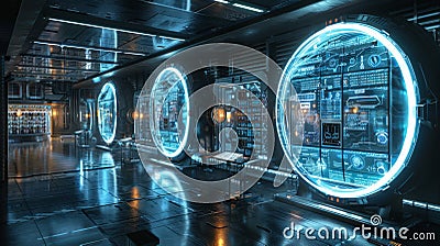 Futuristic control room with circular doorways and advanced computer interfaces displaying data, housed in a metallic structure Stock Photo