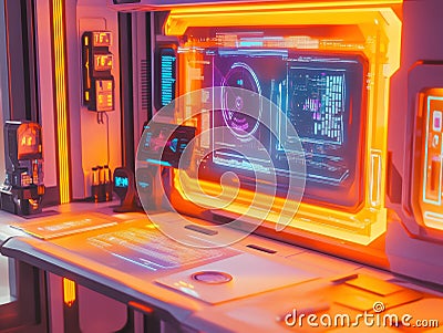 A futuristic control room with a cluttered workstation, multiple screens displaying data or systems, control panels Stock Photo