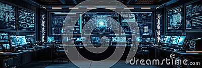 Futuristic control room with multiple computer screens displaying data and information Stock Photo