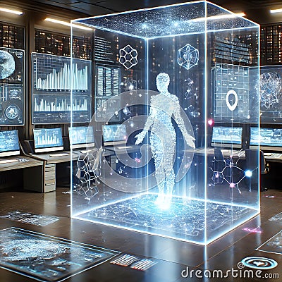 Futuristic control room with transparent data screens and a luminous AI entity analyzing real-time information Stock Photo