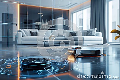futuristic cordless vacuum cleaner robot cleaning machine in programming in a room Stock Photo