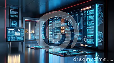 futuristic corporate holographic interface displaying real time data analytics and visualizations in sleek environment Stock Photo
