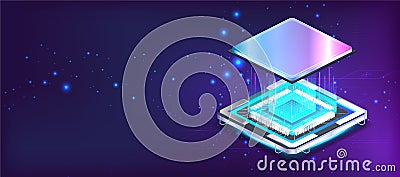 Futuristic CPU microchip banner in isometric position with lights and glow effects. Processor microchip, large data Vector Illustration