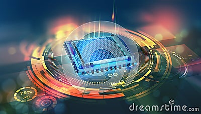 Futuristic CPU. Quantum processor in the global computer network Cartoon Illustration