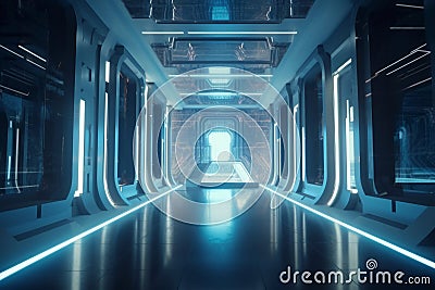 Futuristic Cream and Blue Interior with Expressive Neon Lights and Shiny Symmetry Stock Photo