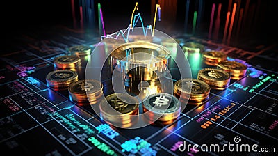 Futuristic crypto market analytics displayed as holograms on black background Stock Photo