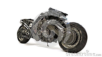 Futuristic custom armored motorcycle concept on an isolated white background. Stock Photo