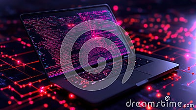 Futuristic Cyber Workspace: Coding Programmer on Laptop Surrounded by Glowing Data Streams and Cyberpunk Aesthetic Stock Photo