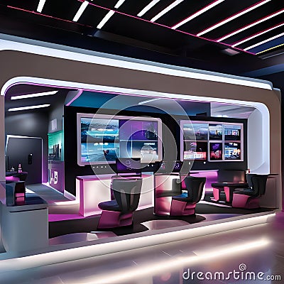 A futuristic cybercafe with sleek computers, LED-lit counters, and high-tech gaming stations1 Stock Photo