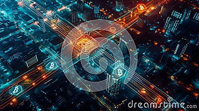 Futuristic Cybercity with Blockchain Network Aerial View Stock Photo
