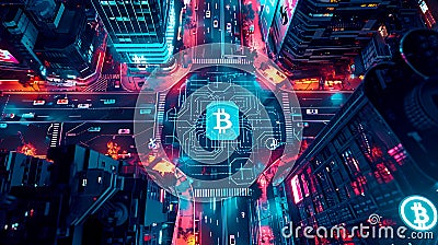 Futuristic Cybercity with Blockchain Network Aerial View Stock Photo