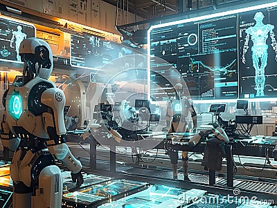 Futuristic Cybernetic Tech Complex with Robotic Engineers Tinkering Bionic Prototypes Stock Photo