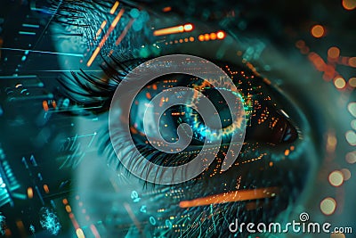 Futuristic cybernetic vision hacker and ai robot eye in advanced tech environment on digital display Stock Photo