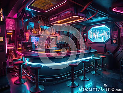 Futuristic cyberpunk bar with holographic bartenders Stock Photo