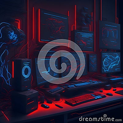 Futuristic Cyberpunk Blade Runner Computer Multiple Monitors Setup Control Room Desk Red Laser Lights Hacker Space Generative Ai Stock Photo