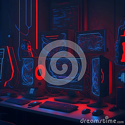 Futuristic Cyberpunk Blade Runner Computer Multiple Monitors Setup Control Room Desk Red Laser Lights Hacker Space Generative Ai Stock Photo