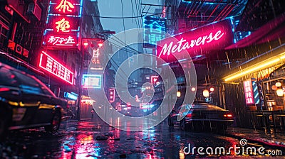 Futuristic cyberpunk city in rain, neon store sign Metaverse in modern town at night, wet dark street with red and blue light. Stock Photo