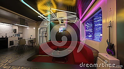 Futuristic cyberpunk studio flat in a high rise apartment building. 3D illustration Stock Photo