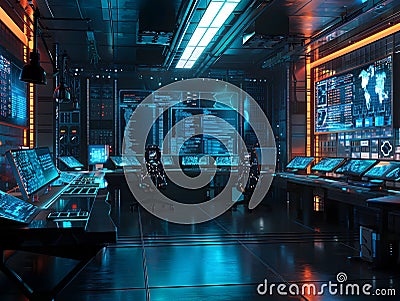 Futuristic Cybersecurity Command Center with Holographic Data Displays and Bioluminescent Codeflow Stock Photo