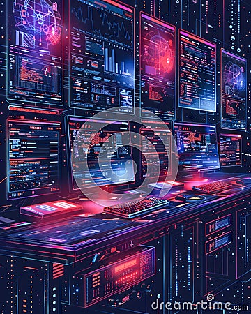 Futuristic Cybersecurity Control Room with Advanced Digital Monitors Displaying Interactive Data Analysis, Network Protection, and Stock Photo