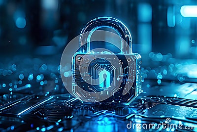 Futuristic cybersecurity padlock on blue digital circuitry surface. generative ai Stock Photo