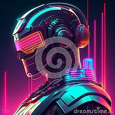 Futuristic cyborg cyberpunk robot or cyborg with glowing neon lights on dark background. 3d illustration generative AI Cartoon Illustration