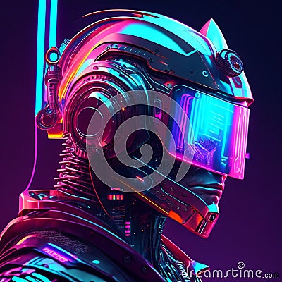 Futuristic cyborg cyberpunk robot in neon light. 3d rendering Generative AI Stock Photo