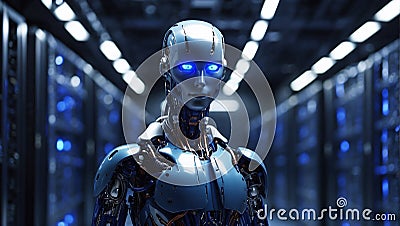 Futuristic cyborg with robotic arm stands in illuminated server room Stock Photo