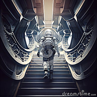 futuristic cyborg space man floating on stairways in futuristic sci-fi interior Stock Photo