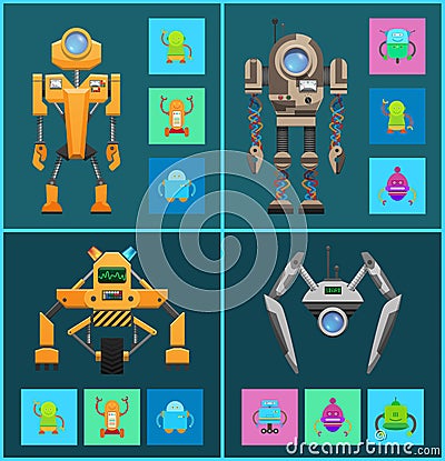 Futuristic Cyborgs Set, Artificial Intelligence Vector Illustration