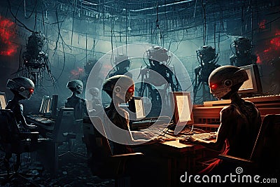 Futuristic cyborgs working on a computer in a dark room, AI Generated Stock Photo