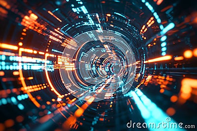 A futuristic 3D abstract background showcasing a tunnel of cascading, pulsating neon circuits, Stock Photo