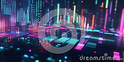 A futuristic 3D background displaying an enormous, glowing neon audio spectrum analyzer, dynamically Stock Photo