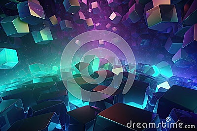 Futuristic 3D geometric shape background, virtual environment filled with holographic, pulsating geometric shapes, creating a Stock Photo