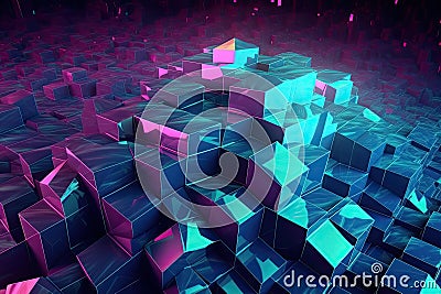 Futuristic 3D geometric shape background, virtual environment filled with holographic, pulsating geometric shapes, creating a Stock Photo