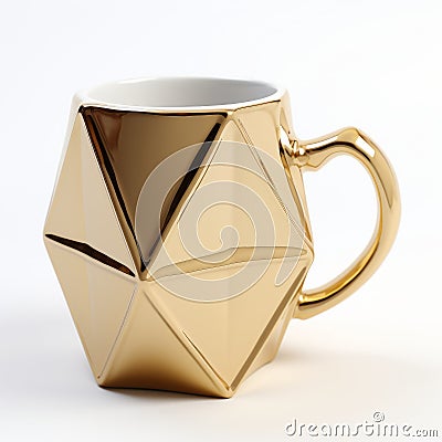 Futuristic 3d Printed Gold Mug With Octahedron Hand - Smooth And Shiny Design Stock Photo