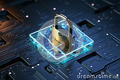 Futuristic 3D rendering Metal lock meets a digital blue line environment Stock Photo