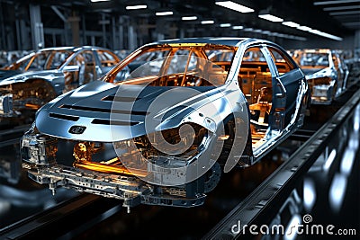 Futuristic 3D rendering Robot assembly line automating car factory concept Stock Photo