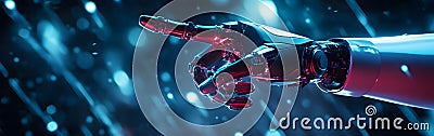 Futuristic 3D robot hand powered by AI pointing into a cyber space metaverse surrounded by digital technology and data streams Stock Photo