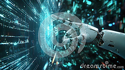 Futuristic 3D robot hand powered by AI pointing into a cyber space metaverse surrounded by digital technology and data streams Stock Photo