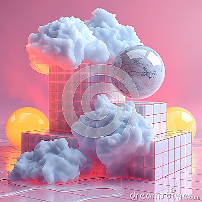 Futuristic 3D scene floating clouds marble sphere neon grid cubes pink Stock Photo