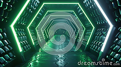 Futuristic 3D Tunnel: Exploring Hexagonal Patterns and Vibrant Greenery Stock Photo