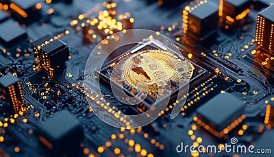 Futuristic 3D Visualization of Web3 NFTs and Blockchain Technology with Bitcoin Symbol on Microchip Stock Photo