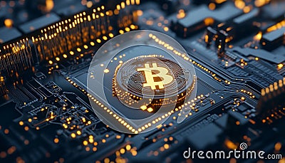 Futuristic 3D Visualization of Web3 NFTs and Blockchain Technology with Bitcoin Symbol on Microchip Stock Photo