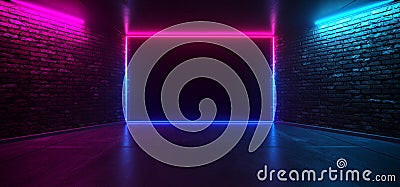 Futuristic Dance Club Neon Glowing Purple Blue Pink Retro Elegant Empty Stage Room With Reflective Grunge Concrete Brick Wall Stock Photo