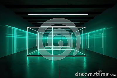 A futuristic dark room with colorful lights creates a high-tech ambiance Stock Photo